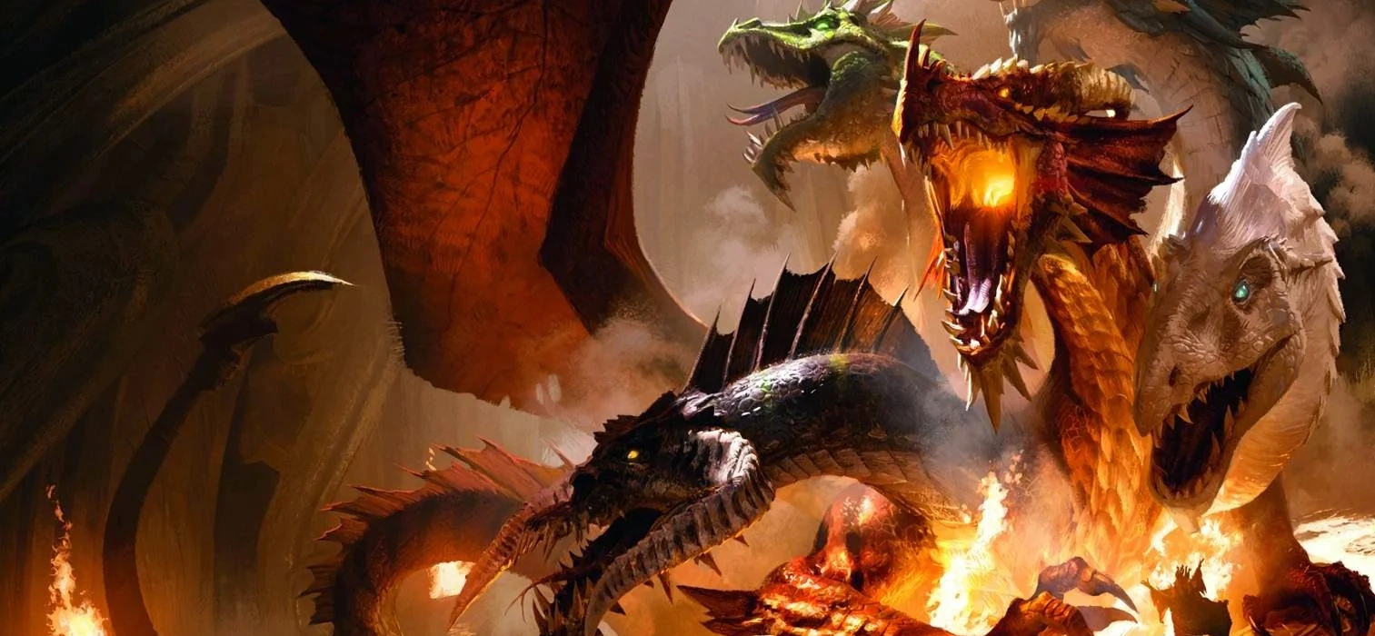 Arte oficial do jogo. Três dragões e um feiticeiro.